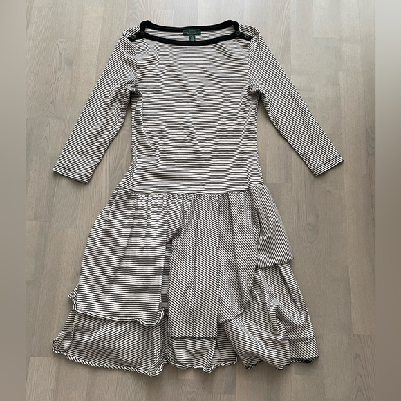 Lauren Ralph Lauren Dresses & Skirts - Ralph Lauren Boatneck Nautical Striped Style Jersey Dress w/ Asymmetrical Ruffle
